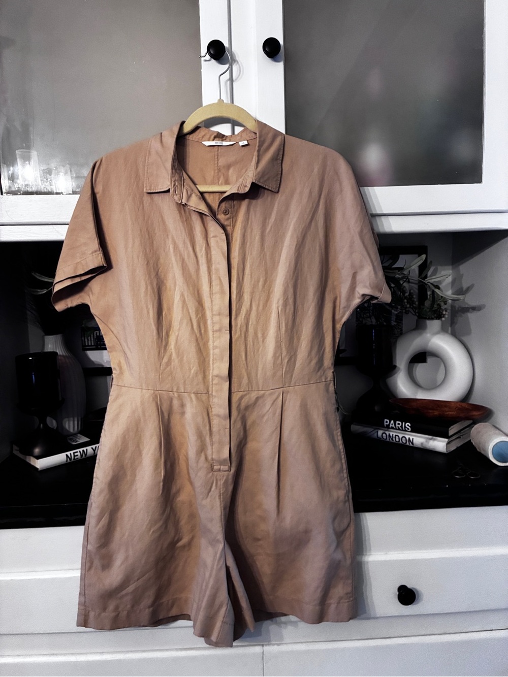 Uniqlo Women's Short-Sleeve Button Romper in Tan